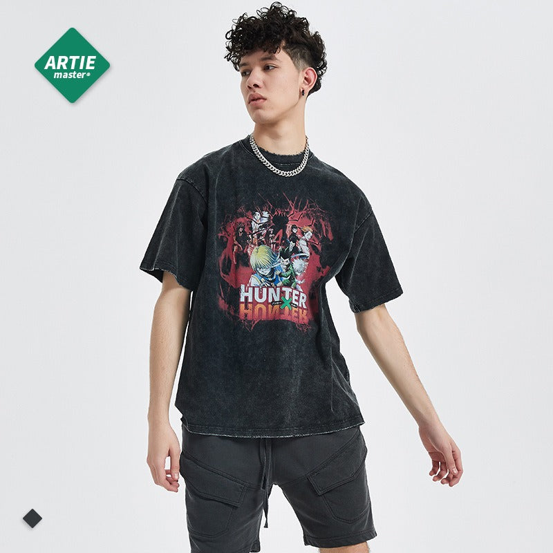 |Street trend anime cartoon loose print men's short sleeved European and American dark style retro washed men's t-shirt