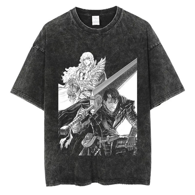 New Summer Guts Anime Printed T-Shirt Vintage Washed Cotton Short Sleeve Top