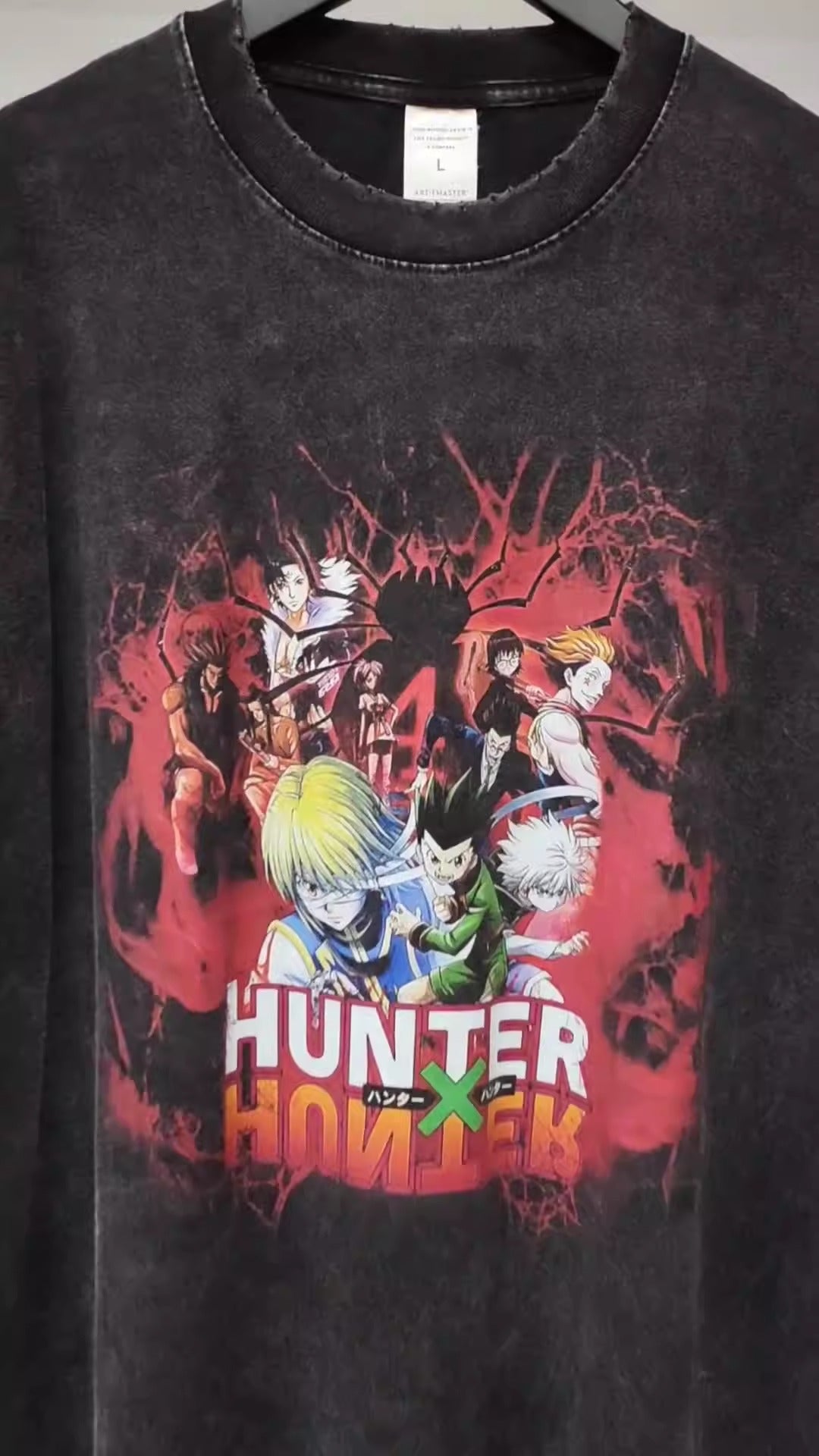 |Street trend anime cartoon loose print men's short sleeved European and American dark style retro washed men's t-shirt