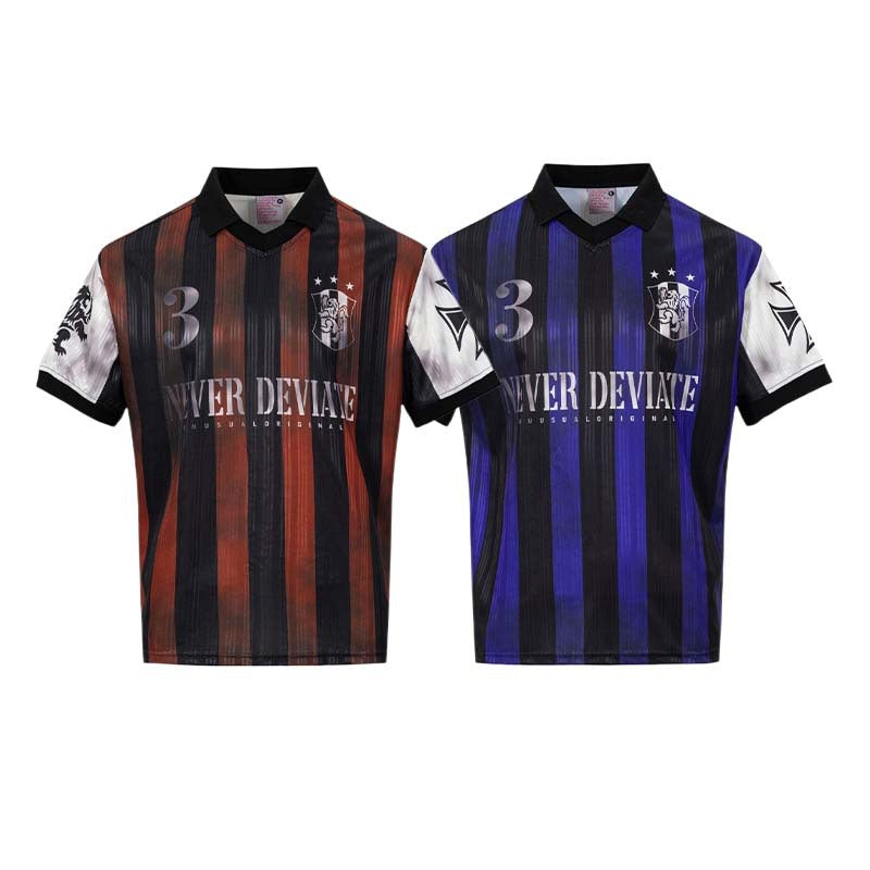 Letter badge print with dirty stripes lapel short sleeved shirt