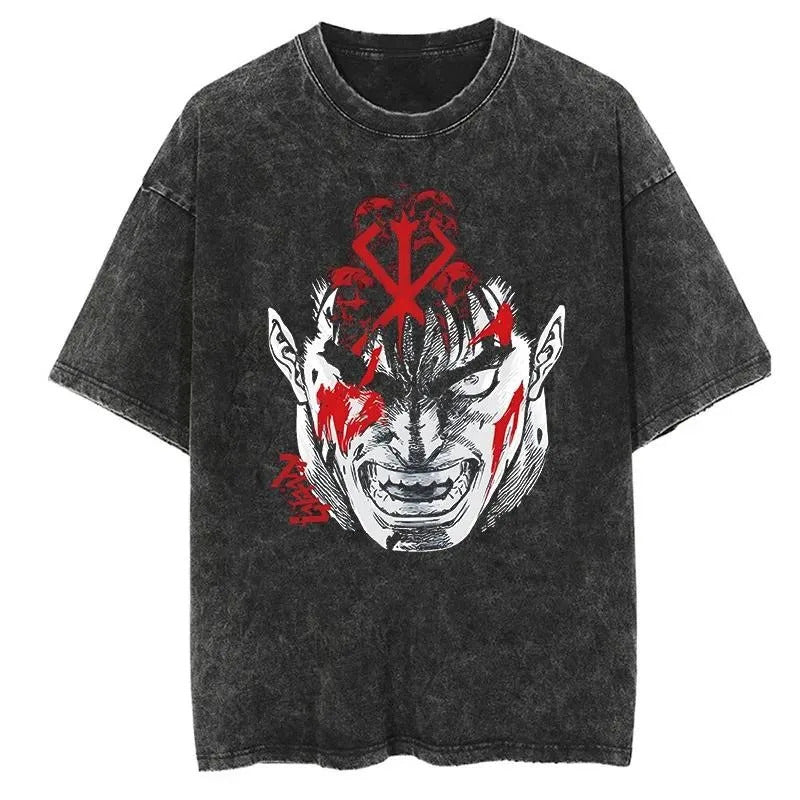 New Summer Guts Anime Printed T-Shirt Vintage Washed Cotton Short Sleeve Top