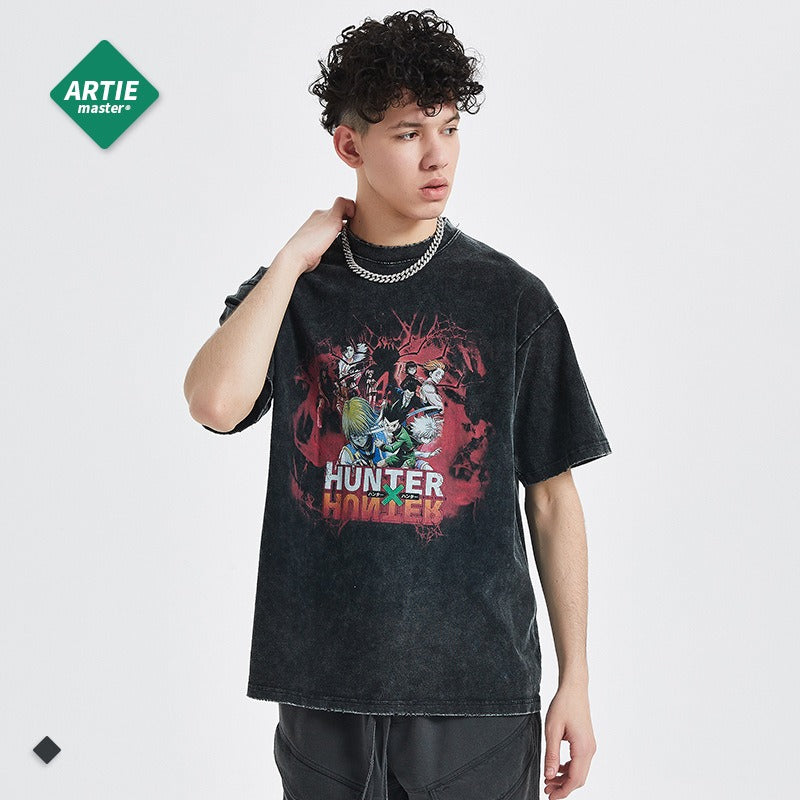 |Street trend anime cartoon loose print men's short sleeved European and American dark style retro washed men's t-shirt