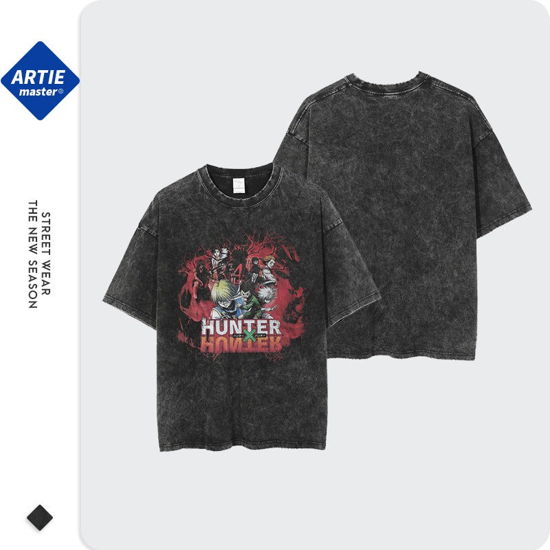 |Street trend anime cartoon loose print men's short sleeved European and American dark style retro washed men's t-shirt