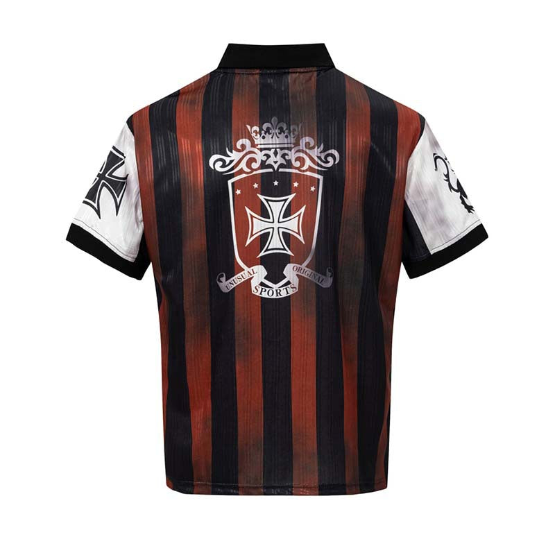 Letter badge print with dirty stripes lapel short sleeved shirt