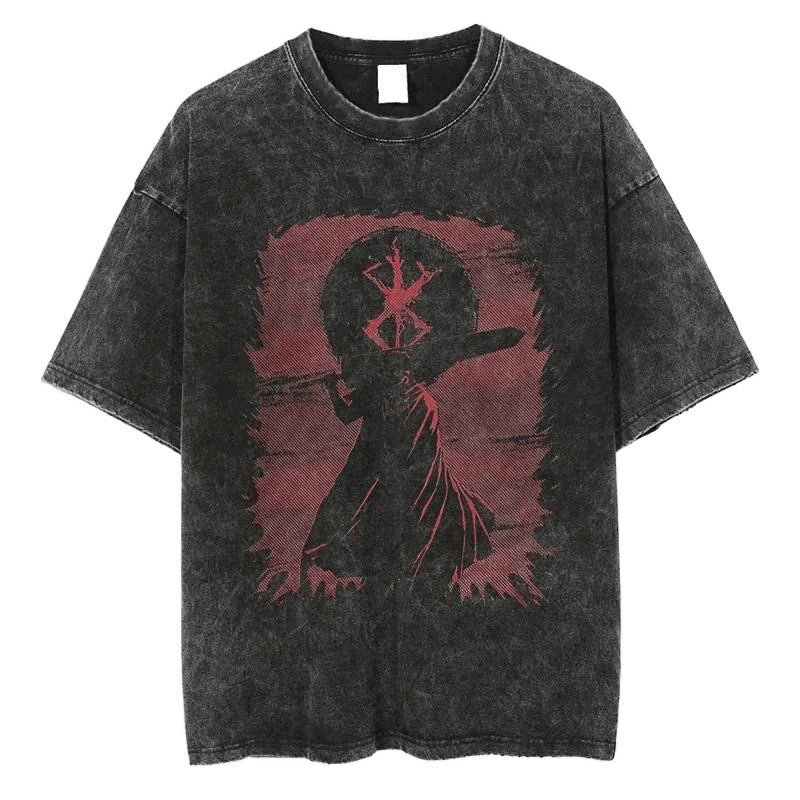 New Summer Guts Anime Printed T-Shirt Vintage Washed Cotton Short Sleeve Top