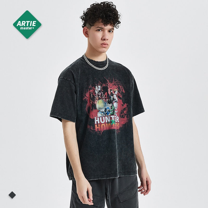 |Street trend anime cartoon loose print men's short sleeved European and American dark style retro washed men's t-shirt