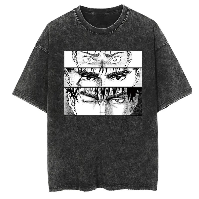 New Summer Guts Anime Printed T-Shirt Vintage Washed Cotton Short Sleeve Top