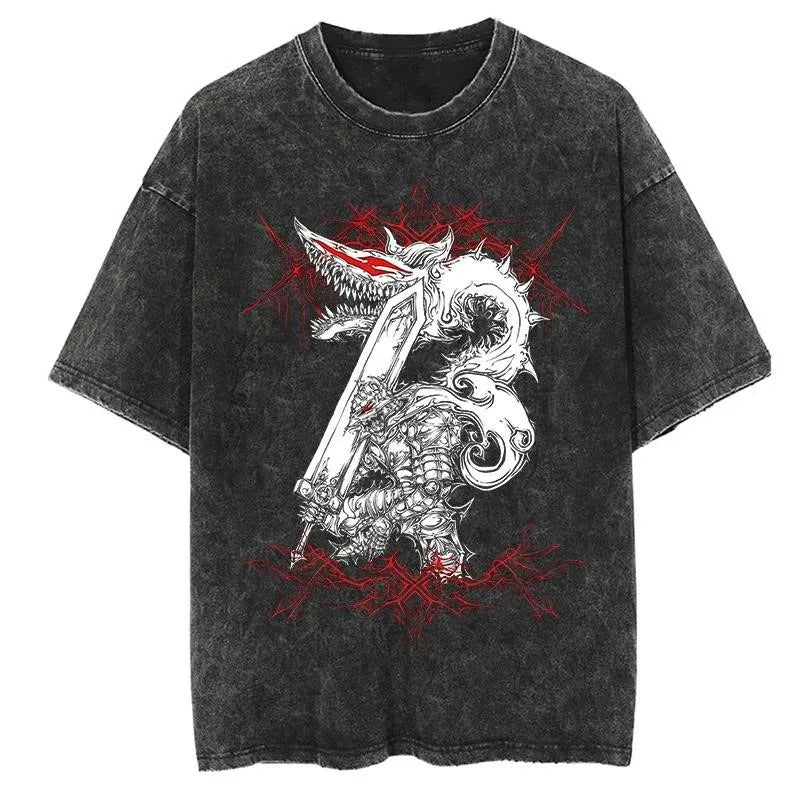 New Summer Guts Anime Printed T-Shirt Vintage Washed Cotton Short Sleeve Top