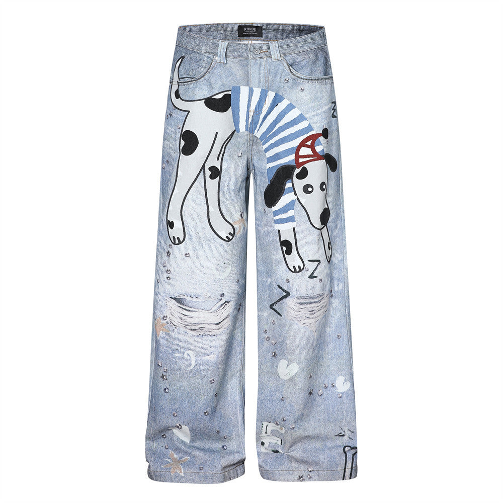 Fun Dog Cartoon Printed Cowboy Pants
