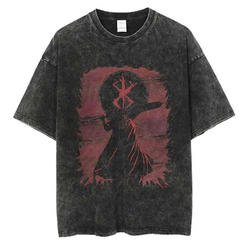 New Summer Guts Anime Printed T-Shirt Vintage Washed Cotton Short Sleeve Top