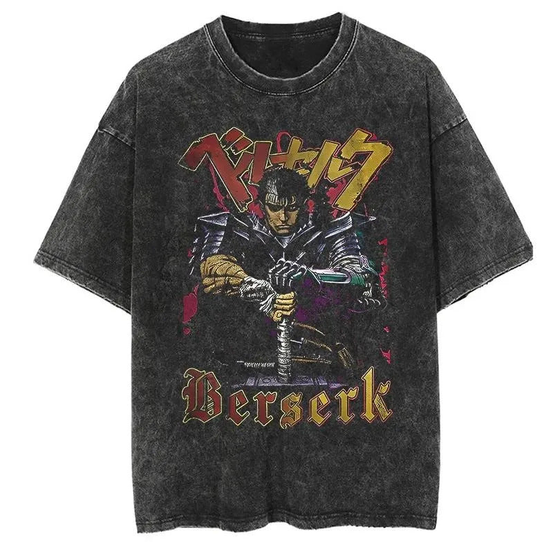 New Summer Guts Anime Printed T-Shirt Vintage Washed Cotton Short Sleeve Top