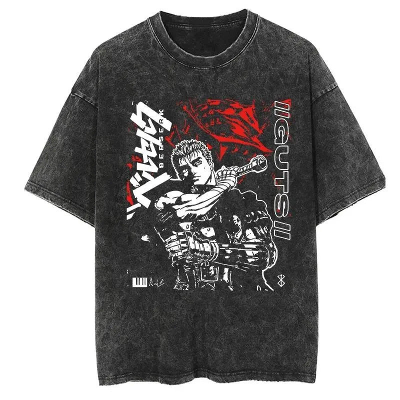 New Summer Guts Anime Printed T-Shirt Vintage Washed Cotton Short Sleeve Top