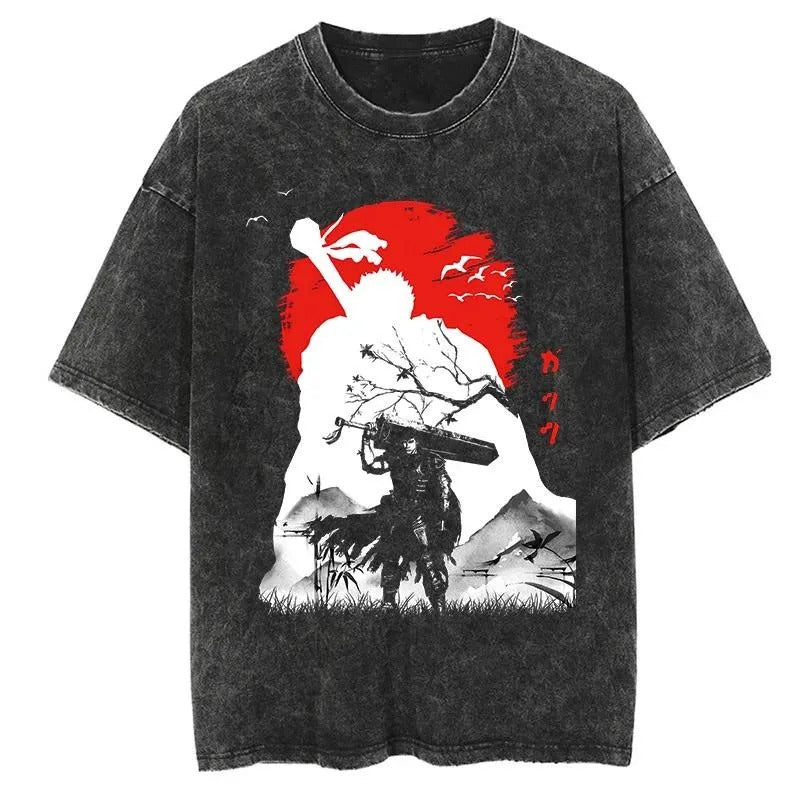 New Summer Guts Anime Printed T-Shirt Vintage Washed Cotton Short Sleeve Top