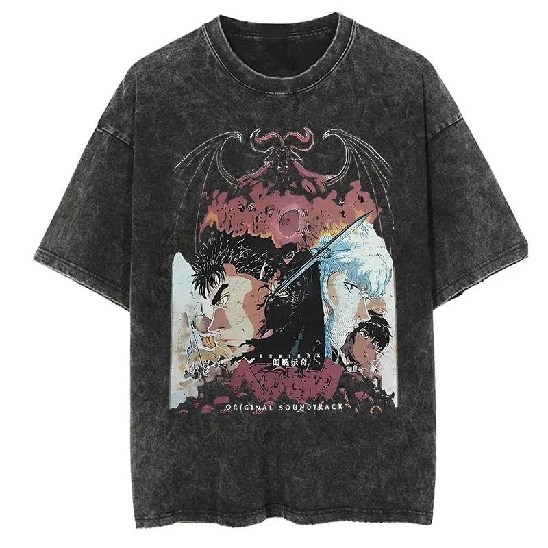 New Summer Guts Anime Printed T-Shirt Vintage Washed Cotton Short Sleeve Top