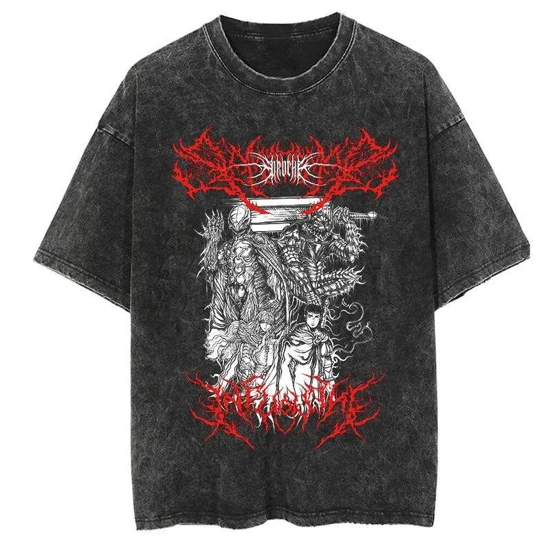 New Summer Guts Anime Printed T-Shirt Vintage Washed Cotton Short Sleeve Top