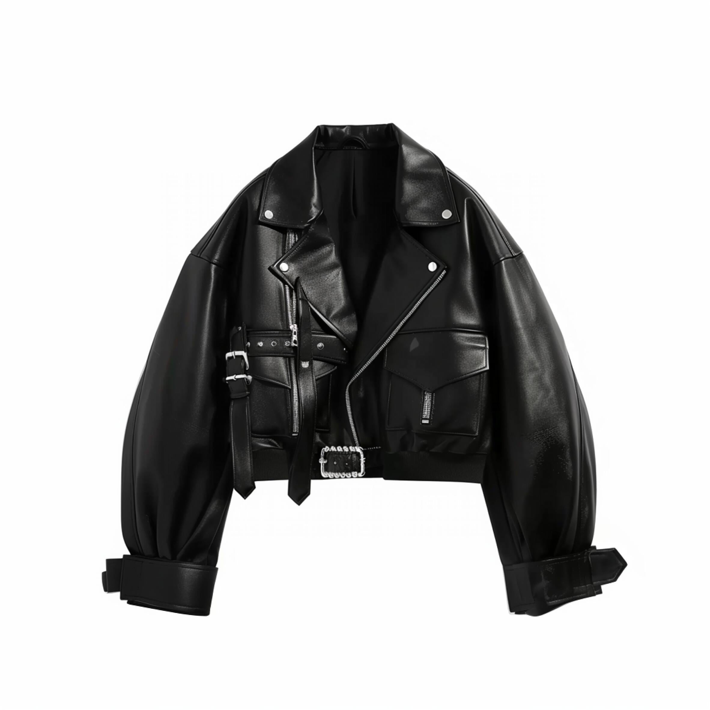 Cropped Biker Leather Jacket – Black